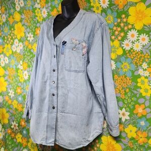 Giorgio Sant' Angelo 90s Vintage Blue Denim Embroidered Button Down Shirt